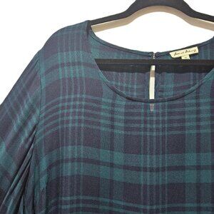 NAVY & GREEN PLAID LIGHTWEIGHT LONG SLEEVE BLOUSE TUNIC  3X  BLACK WATCH PLAID